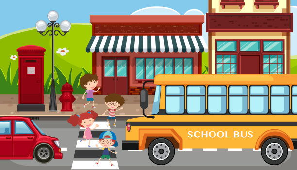 孩子们过马路的城市场景图片下载