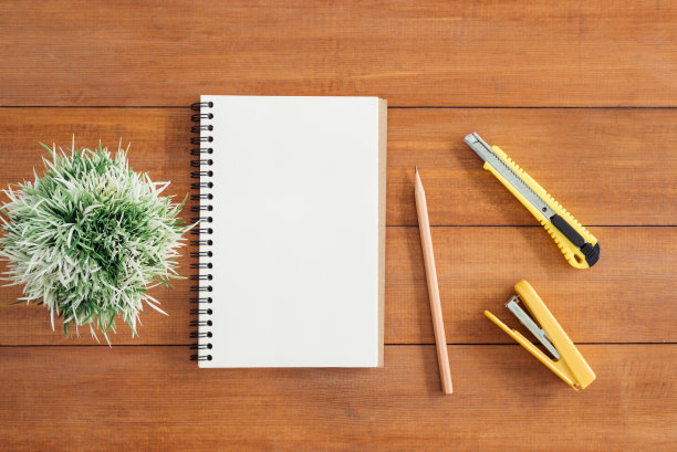 最小的工作空间-创造性的平面放置办公桌照片。办公室书桌木制桌子的背景与开放的模拟笔记本和钢笔和植物。顶视图与复制空间，平铺摄影。图片下载