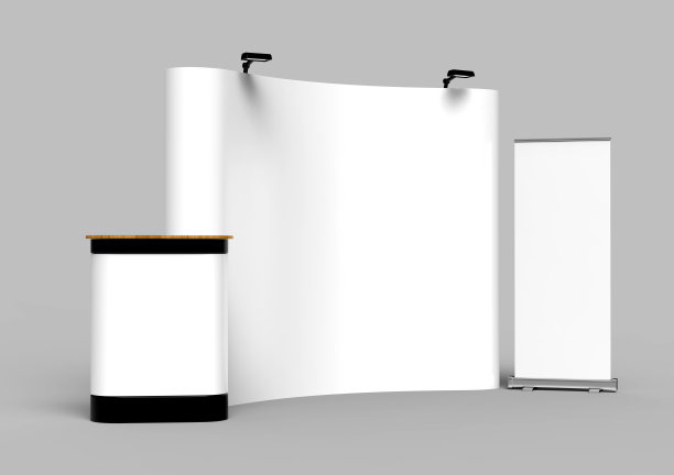 展览张力织物展示横幅站背景与LED或卤素灯的展位和柜台。3 d渲染插图。图片下载
