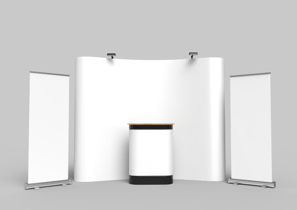 展览张力织物展示横幅站背景与LED或卤素灯的展位和柜台。3 d渲染插图。图片下载