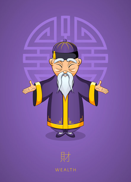 卡通手绘亚洲明智的老人在传统服装上的背景颜色紫外线图片下载