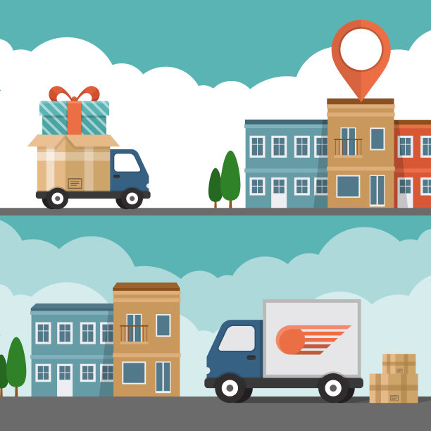 送货服务。以城市为背景的货车。平面风格，矢量插图。图片下载