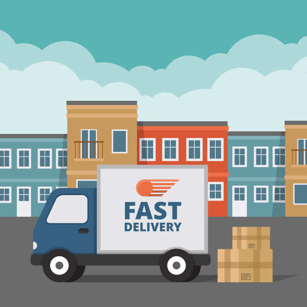 送货服务。以城市为背景的货车。平面风格，矢量插图。图片下载