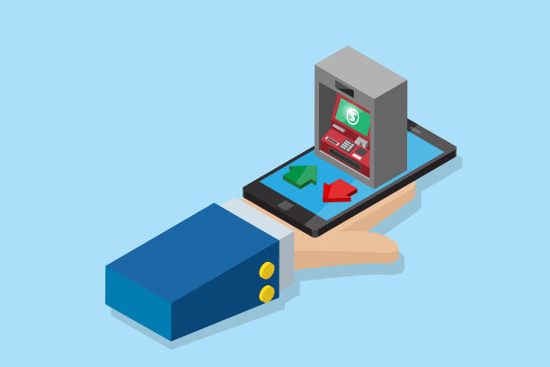 等距商业手持智能手机与ATM机，金融和商业概念图片下载