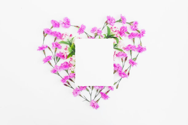 粉红色的花和白色背景的卡片制成的心。情人节。平躺，俯视图。本空间图片下载