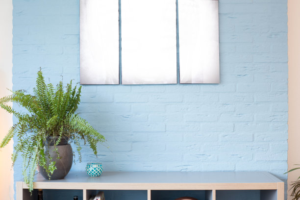 青砖墙，空白画布，绿色植物图片下载