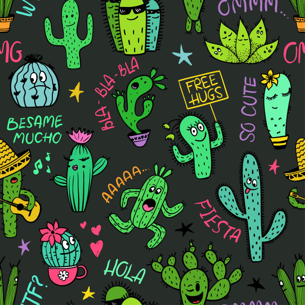 有趣的仙人掌角色无缝模式。素材图片