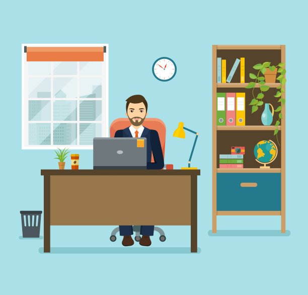 一个西装革履的商人在办公桌前用笔记本电脑工作。平面向量插图。素材图片