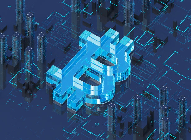 比特币符号从滨水区的现代城市崛起的3D插图图片下载