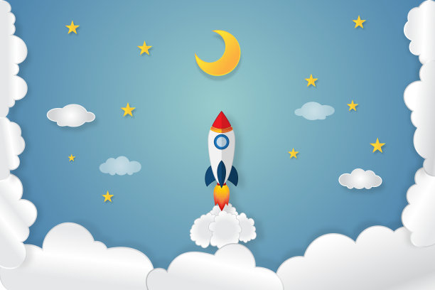 火箭发射飞行，半月、云和星星在夜晚作为纸艺术和工艺风格的概念。矢量插画家。图片下载