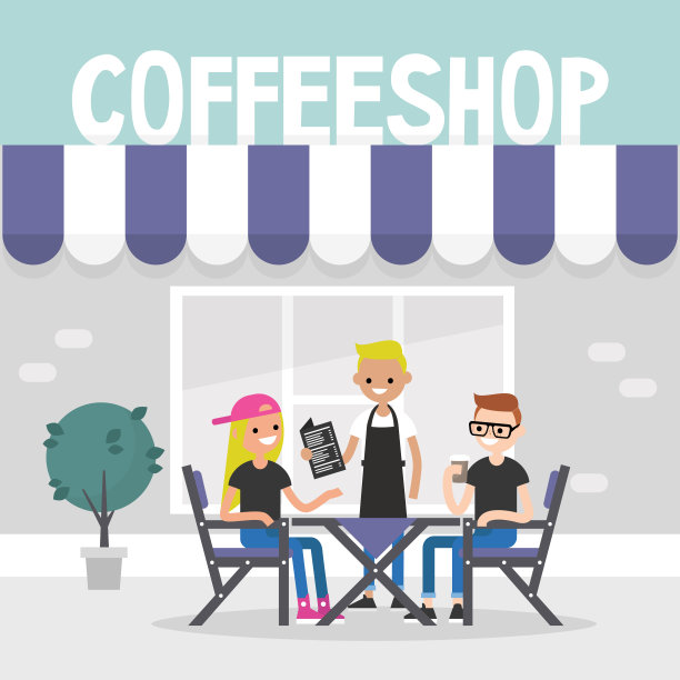 城市的日常生活。餐馆的游客。在咖啡店里点餐和饮料的两个角色/平面可编辑矢量插图，剪贴画素材图片