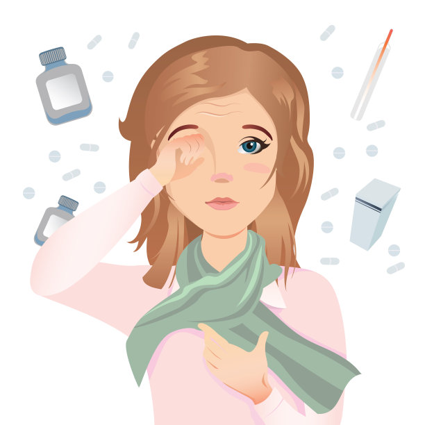 年轻女子过敏，眼睛发痒，眼睛发红。她病了。药片，胶囊，药物在白色的背景上。图片下载