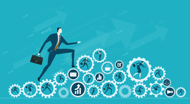 商人爬在一堆齿轮上，由劳动人民转动。素材图片