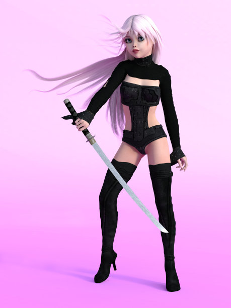 年轻可爱的漫画女孩摆姿势与武士刀。图片下载