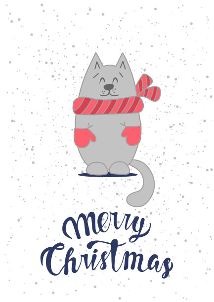 圣诞卡片模板与可爱的猫。图片下载