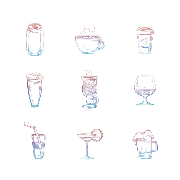 彩色的手绘饮料设置在白色的背景图片下载