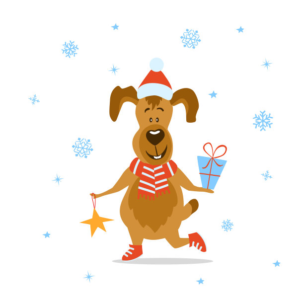 圣诞快乐，新年快乐2018搞笑卡通狗与现在和星星，孤立矢量插图图片下载