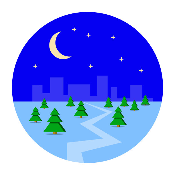 城市，大都在冬天下雪。夜晚，圣诞节，新年，节日，房子，城市睡觉，森林。平面设计，矢量插图图片下载