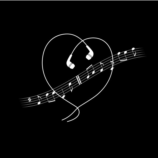 音乐音符与耳机在心脏形状波动。向量白色的黑色t恤或海报设计。图片下载