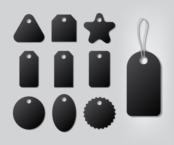 黑色不同形状标签与字符串隔离在灰色背景。向量现实的设计元素。图片下载