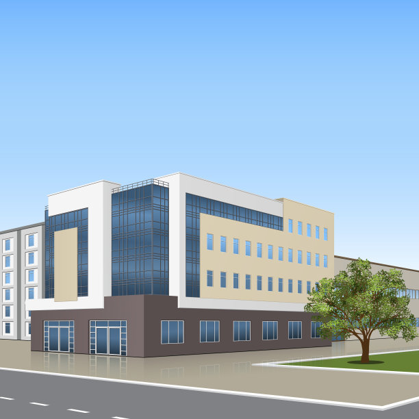 办公楼带有入口和倒影图片下载