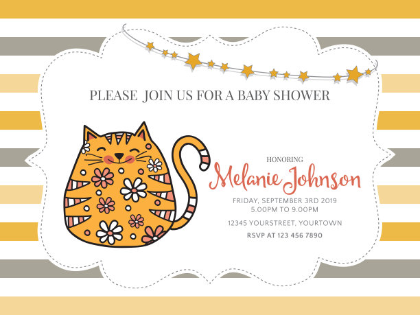 宝宝淋浴卡模板与胖胖的涂鸦猫图片下载