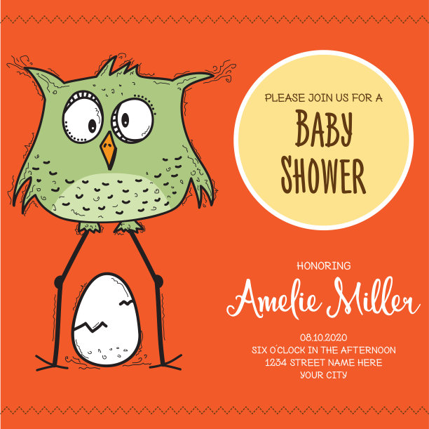 婴儿淋浴卡片模板与有趣的涂鸦鸟图片下载