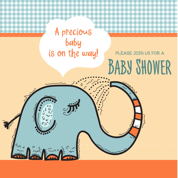 宝宝淋浴卡模板与有趣的涂鸦大象图片下载