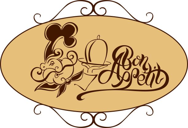 快乐微笑的厨师拿着托盘。祝你有个好胃口。菜单模板咖啡馆或餐厅。的迹象。草图风格矢量图图片下载