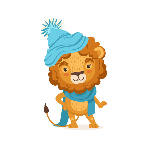 年轻时尚的狮子卡通人物戴着冬天的帽子和围巾。长有浓密鬃毛的动物。平面设计矢量插图孤立在白色图片下载