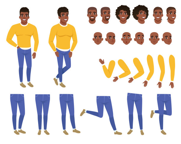 年轻黑人的建设者。穿黄色毛衣和蓝色牛仔裤的人。创建集合。身体部位，发型和面部表情。卡通平面矢量人物图片下载