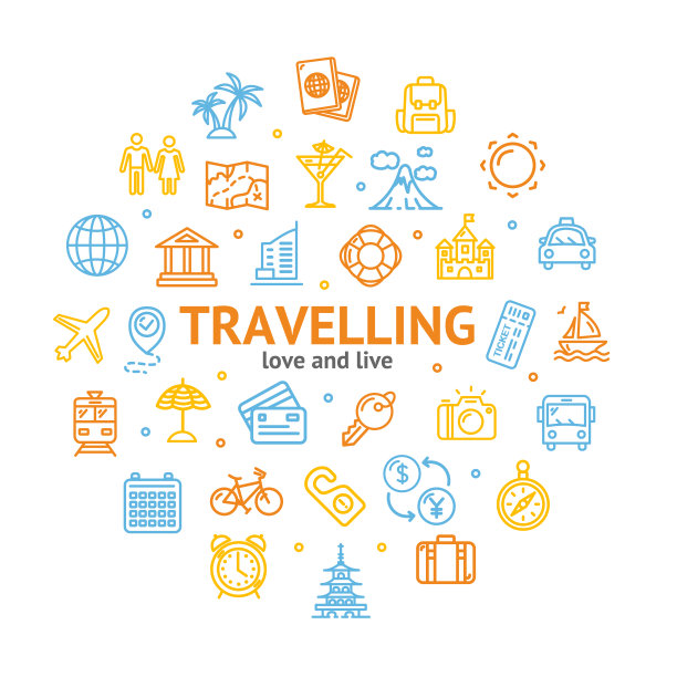 旅游和旅游圆设计模板线图标概念。向量图片下载
