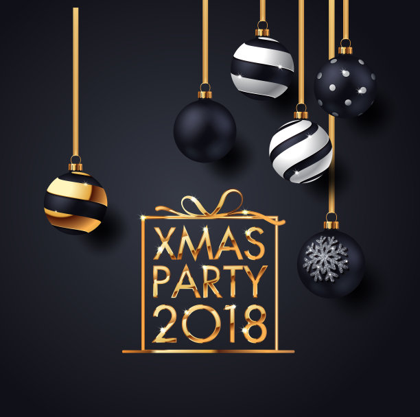 Premium豪华圣诞背景假日贺卡。金色装饰装饰与圣诞球在vip黑色背景图片下载