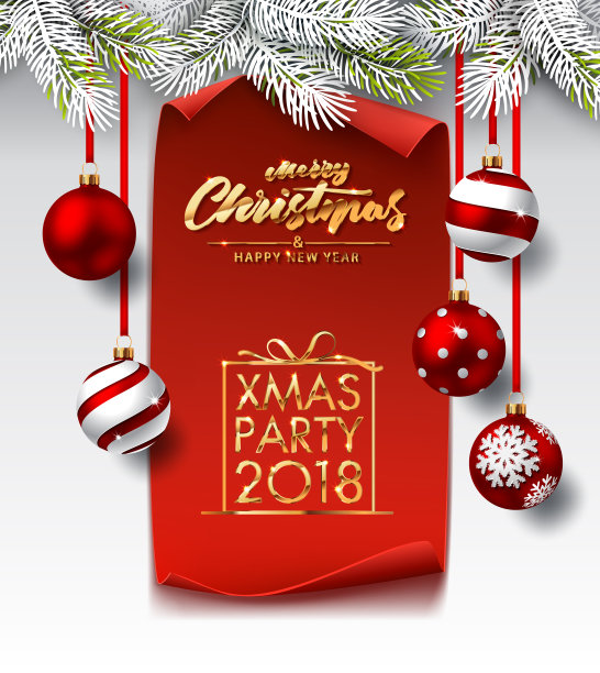 圣诞、新年寒假派对海报设计模板金灿灿的圣诞装饰品图片下载