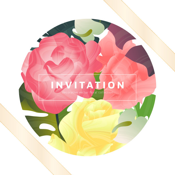 手绘热带植物，粉红玫瑰，开叶玉兰，红掌内圆框配金丝带，请帖设计图片下载