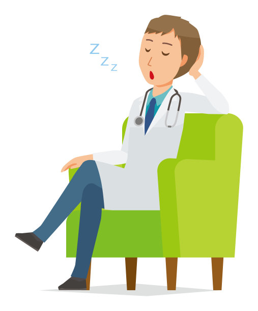 一位穿着白大褂的年轻男医生正坐在沙发上打瞌睡图片下载