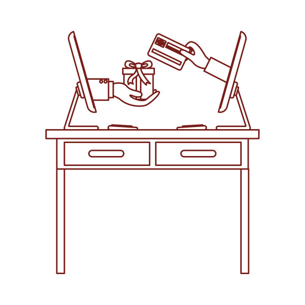 书桌桌子与抽屉前视图和桌面电脑与礼品在线购买在暗红色轮廓图片下载
