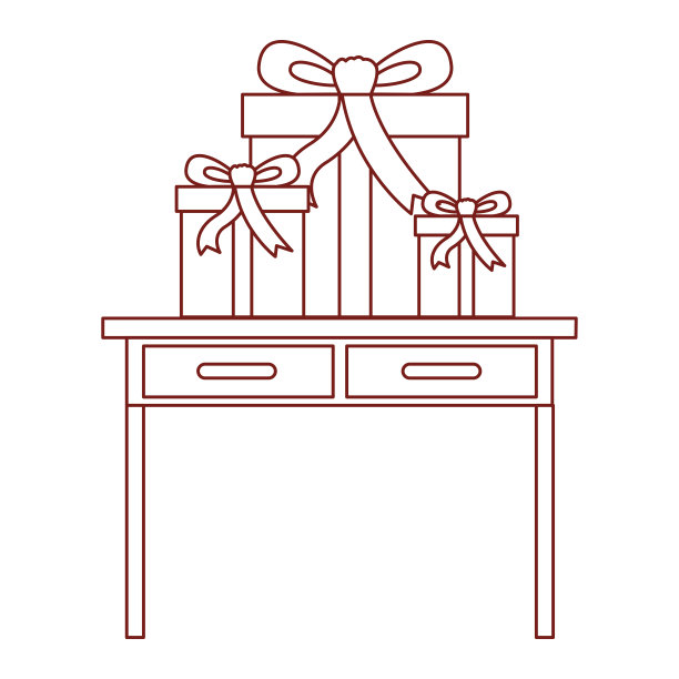 书桌桌子与抽屉正面视图与礼品盒在暗红色轮廓图片下载