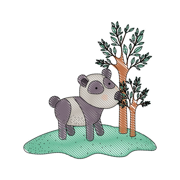 卡通熊猫在森林里，旁边的树用彩色蜡笔剪影图片下载