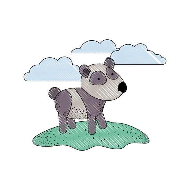 熊猫卡通在户外场景与云彩在彩色蜡笔剪影与细轮廓图片下载