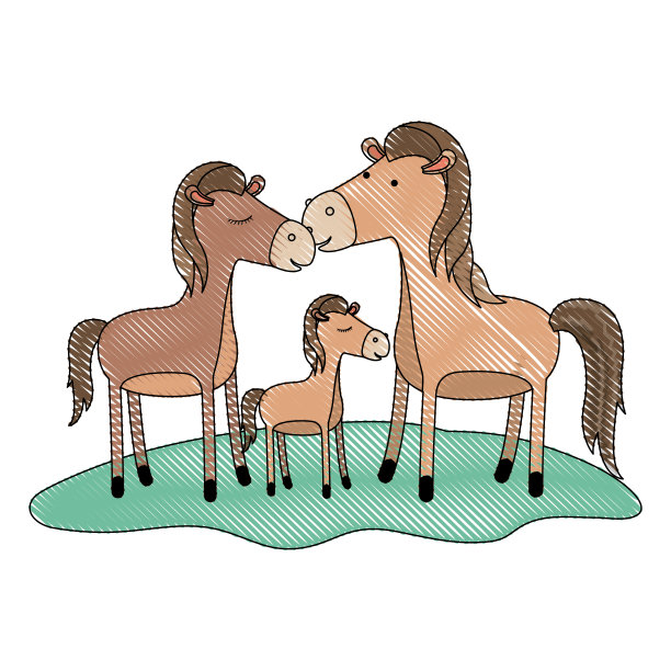 在彩色蜡笔剪影的草地上，马夫妇和小马驹图片下载