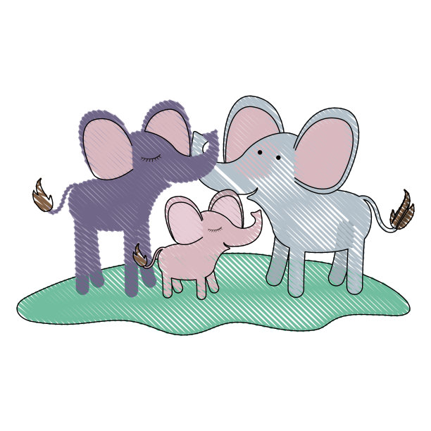 卡通一对大象和小牛在草地上彩色蜡笔剪影图片下载