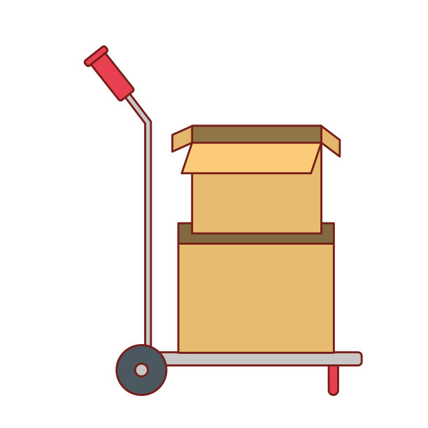 手推车上堆放着纸板箱，其中一个打开了彩色的剪影图片下载