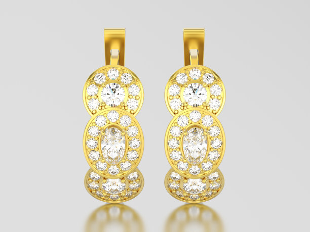 3D插图黄黄金三石单粒钻石耳环铰链锁图片下载