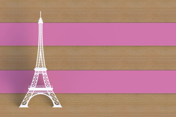 白色的埃菲尔铁塔在粉红色的木板上，3D渲染图片下载
