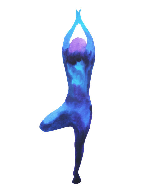 树姿势瑜伽(Vriksasana)位置，水彩画，手绘，插图设计，脉轮颜色力量，剪切路径图片下载