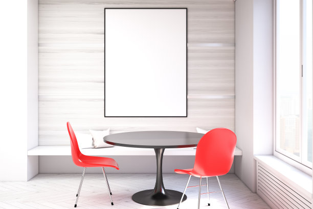 白色的餐厅，红色的椅子图片下载