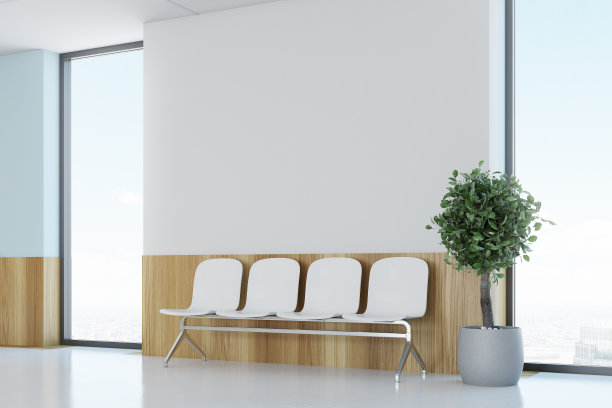 蓝色和木制的医院大厅，侧面图片下载