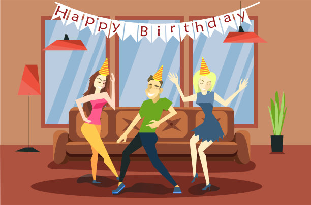 人们庆祝他们的生日。“轰趴”，友谊和乐趣。卡通人物在跳舞。平面风格矢量插图图片下载
