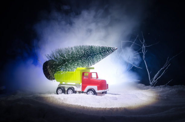 微型汽车与冷杉树在下雪的冬天的森林，或玩具汽车载着圣诞树和在晚上的时间图片下载